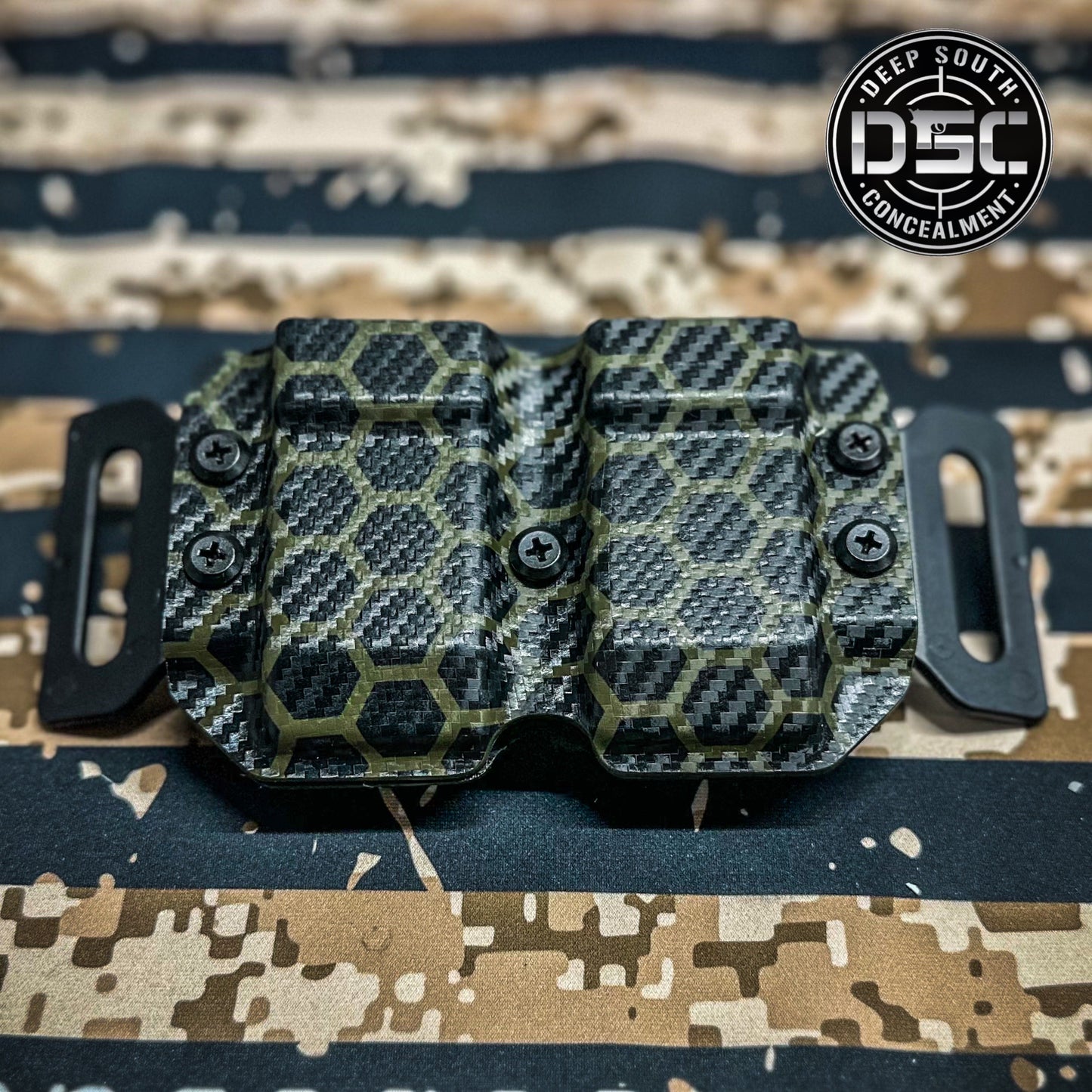 OD Green/Black Hexagon Carbon Fiber Dual Mag Carrier for Double Stack 9mm/40 S&W Mags