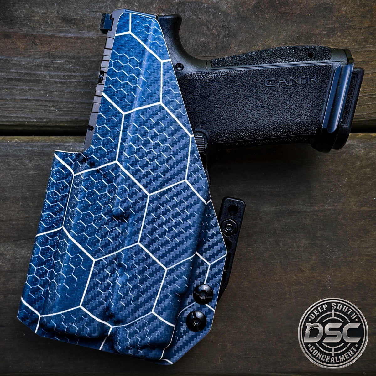 Canik MC9 Prime Radian w/Olight PL-X Blue/Tan Hex Carbon Fiber RH IWB
