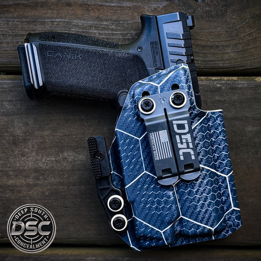 Canik MC9 Prime Radian w/Olight PL-X Blue/Tan Hex Carbon Fiber RH IWB