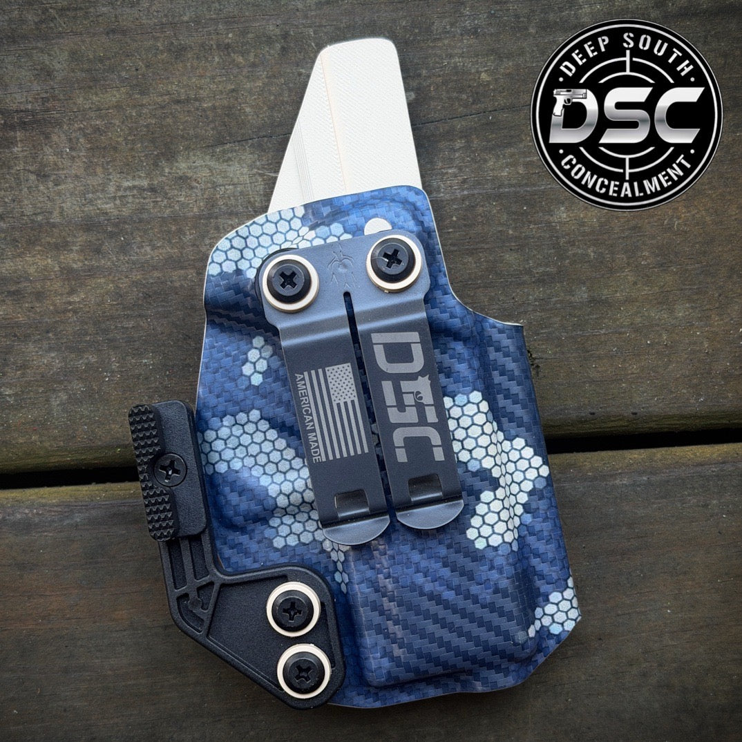 Glock 43/43X MOS Blue/Tan Mini Hex Carbon Fiber RH IWB Holster