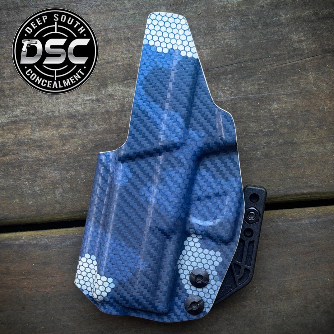 Glock 43/43X MOS Blue/Tan Mini Hex Carbon Fiber RH IWB Holster